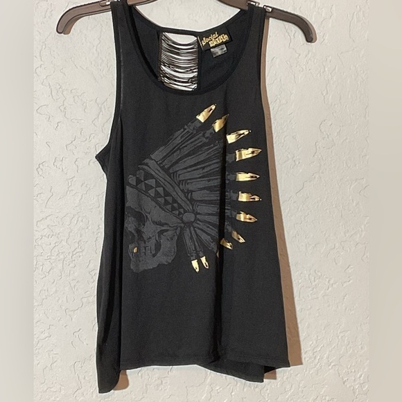 social misfits Tops - Social Misfits Indian Skull with Gold Tooth Fringe Split Back Tank Top Size Med